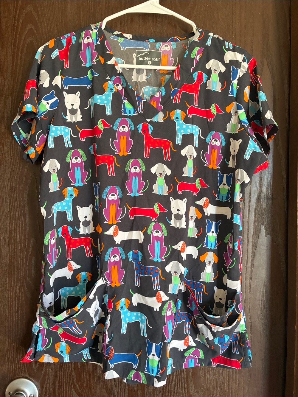 butter-soft Women's Multicolor Dog Print Scrub Top - Dark Gray